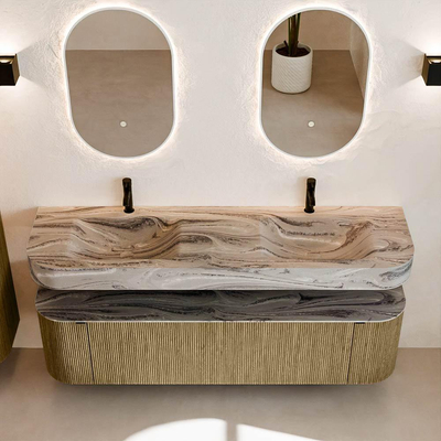 MONDIAZ THOR-DLUX 170cm meuble de salle de bains arrondi gauche + droite couleur Dusk avec 1 tiroir et 2 portes. Vasque suspendue CLOUD Double 2 trous de robinet couleur Sombra.