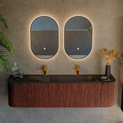 Mondiaz KURVE Ensemble de meuble salle de bain - 170x46x40cm - 1 tiroir - 2 portes - lavabo en solid surface - milieu - 2 trous de robinet - Ruby