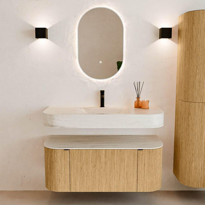 MONDIAZ THOR-DLUX 110cm badmeubel ronding links + rechts kleur Oak met 1 lade en 2 deuren. Vrijhangende wastafel CLOUD Midden 1 kraangat kleur Meli.