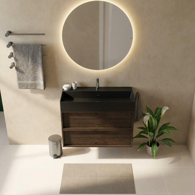 Saniclass Holz Frame Ensemble meuble de salle de bains - 100x45x72cm - Legend lavabo en céramique noir mat - 1 vasque - 1 trou de robinetterie - 2 tiroirs - chêne charcoal mat (bois)