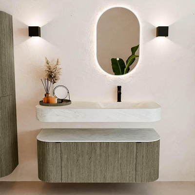 MONDIAZ THOR-DLUX 120cm badmeubel ronding links + rechts kleur Shadow met 1 lade en 2 deuren. Vrijhangende wastafel CLOUD Rechts 1 kraangat kleur Opalo.