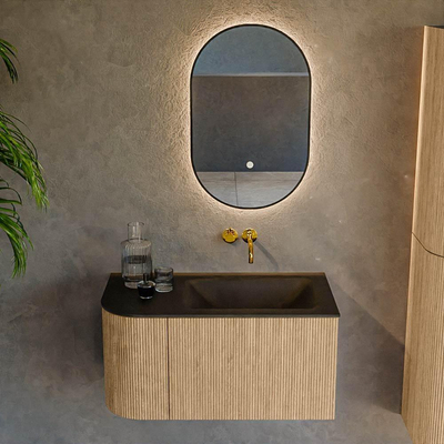 MONDIAZ KURVE 85cm Meuble salle de bain avec module 25 G - couleur Oak - 1 tiroir - 1 porte - vasque CLOUD droite - sans trous de robinet - Urban