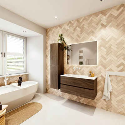 MONDIAZ VICA Ensemble meuble de salle de bains - 100x50cm - 2 tiroirs - Mocha - lavabo CLOUD gauche - sans trou de robinet - Talc