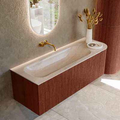 MONDIAZ KURVE-DLUX Meuble de salle de bains 135cm arrondi à droite couleur Ruby avec 1 tiroir et 1 porte. Lavabo BIG MEDIUM à gauche sans trou de robinet Meli.