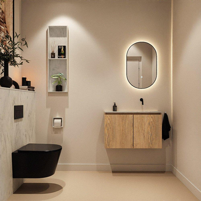 MONDIAZ TURE-DLUX Meuble toilette - 80cm - Washed Oak - EDEN - vasque Opalo - position droite - sans trou de robinet