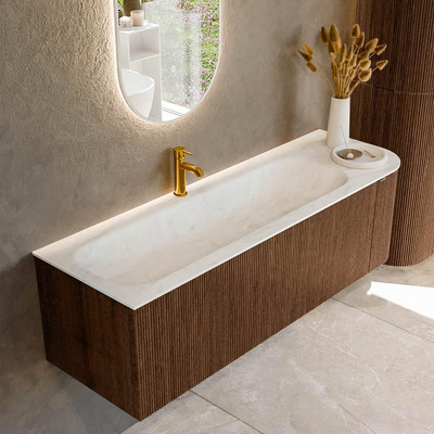 MONDIAZ KURVE-DLUX 145cm badmeubel met module 25 R kleur Walnut met 1 lade en 1 deur. Wastafel BIG LARGE links 1 kraangat kleur Opalo.