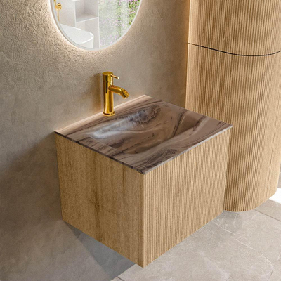 MONDIAZ KURVE-DLUX 50cm badmeubel kleur Oak met 1 lade en 0 deuren. Wastafel GRUNNE Midden 1 kraangat Sombra.