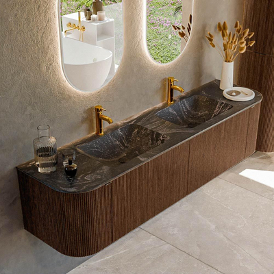 MONDIAZ KURVE-DLUX 180cm Meuble salle de bain avec module 25 G et D - couleur Walnut - 2 tiroirs - 2 portes - vasque LEAF double - 2 trous de robinet - couleur Lava