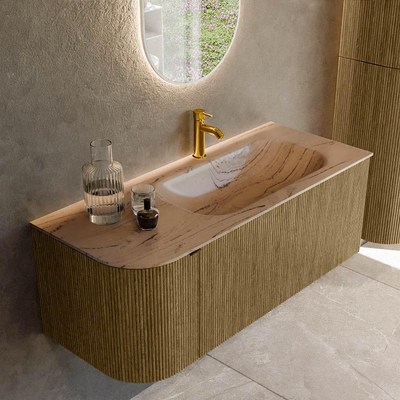 MONDIAZ KURVE-DLUX 115cm badmeubel ronding Links kleur Dusk met 1 lade en 1 deur. Wastafel BIG SMALL Rechts 1 kraangat Arena.