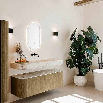 MONDIAZ THOR-DLUX 140cm meuble de salle de bains arrondi gauche + droite couleur Dusk avec 1 tiroir et 2 portes. Vasque suspendue CLOUD Milieu sans trou de robinet couleur Nata.