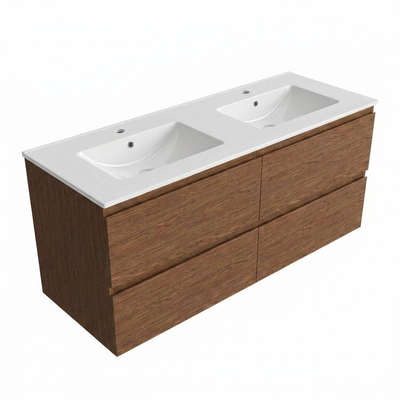 Saniclass Holz Pure Ensemble de meuble de salle de bains - 120x45x62cm - Lavabo Vygo en céramique blanc - 2 vasques - 2 trous de robinetterie - 4 tiroirs - noyer pure mat (bois)