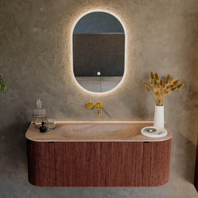 MONDIAZ KURVE-DLUX Meuble de salle de bains 120cm arrondi Gauche + Droite couleur Ruby avec 1 tiroir et 2 portes. Lavabo BIG SMALL Central sans trou de robinet Saba.