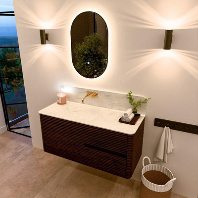 Mondiaz CIRO-DLUX Badkamermeubelset - 110x45x50cm - Solid surface wastafel Opalo - 1 wasbak Links - zonder kraangaten - 2 lades - Walnut