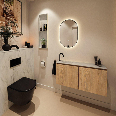 MONDIAZ TURE-DLUX Meuble toilette - 100cm - Washed Oak - EDEN - vasque Opalo - position gauche - 1 trou de robinet