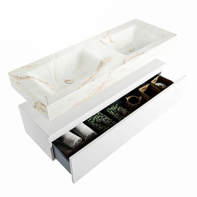 Mondiaz ALAN-DLUX Ensemble de meuble - 130cm - meuble Talc mat - 1 tiroir - Lavabo Cloud Frappe suspendu - vasque Gauche et droite - 2 trous de robinet