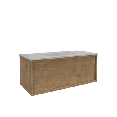 Saniclass Holz Frame Meuble de salle de bain - 100x45x40cm - lavabo en céramique blanc - 1 vasque - sans trous de robinet - 1 tiroirs - Chêne Natural