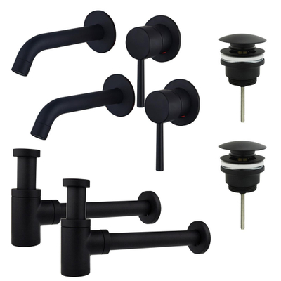 FugaFlow Eccelente Sobrado Slim Kit robinet lavabo - pour double vasque - robinet rehaussé - bonde clic clac - siphon design bas - Noir mat