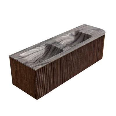 MONDIAZ KURVE-DLUX 145cm badmeubel ronding Rechts kleur Walnut met 1 lade en 1 deur. Wastafel LEAF Dubbel / Links zonder kraangat Sombra.