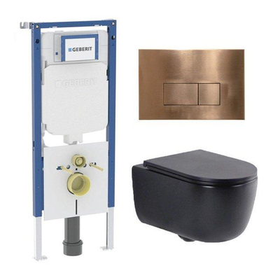 QeramiQ Dely Swirl Toiletset - 36.3x51.7cm - Geberit UP720 Duofix Sigma inbouwreservoir - slim zitting - bedieningsplaat koper - rechthoekige knoppen - mat zwart