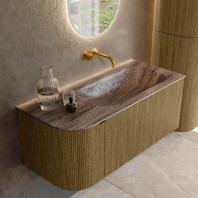 MONDIAZ KURVE-DLUX Meuble de salle de bains 105cm arrondi à gauche couleur Dusk avec 1 tiroir et 1 porte. Lavabo BIG SMALL à droite sans trou de robinet Oza.