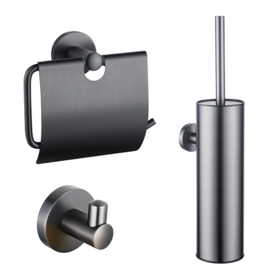 Fortifura Calvi Toiletset - toiletborstelhouder - gesloten - handdoekhaak - toiletrolhouder - met klep - geborsteld gunmetal (antraciet)