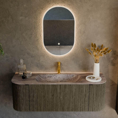 MONDIAZ KURVE-DLUX Meuble de salle de bains 130cm arrondi Gauche + Droite couleur Shadow avec 1 tiroir et 2 portes. Lavabo BIG SMALL Central 1 trou de robinet Oza.