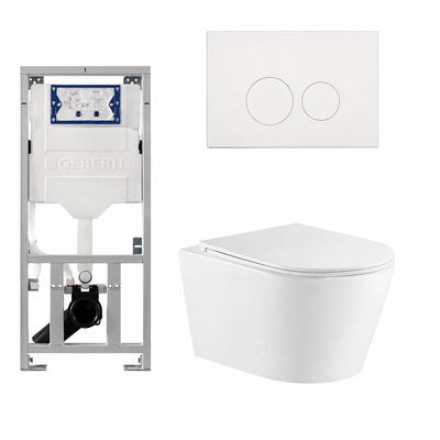 QeramiQ Dely Toiletset - 36.3x51.7cm - diepspoel - rimless - Geberit UP320 inbouwreservoir - met Burda frame - softclose toiletzitting - glans witte bedieningsplaat - ronde knoppen - mat wit