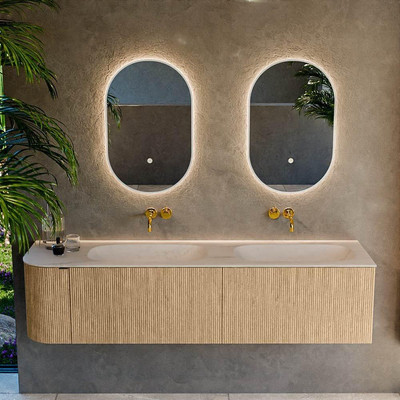 MONDIAZ KURVE-DLUX Meuble de salle de bains 175cm arrondi à gauche couleur chêne avec 2 tiroirs et 1 porte. Lavabo STOR SMALL Double / Droit sans trou de robinet Meli.