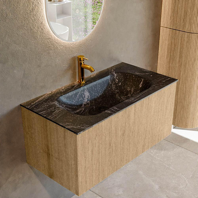 MONDIAZ KURVE-DLUX 90cm badmeubel kleur Oak met 1 lade. Wastafel BIG SMALL midden 1 kraangat kleur Lava.