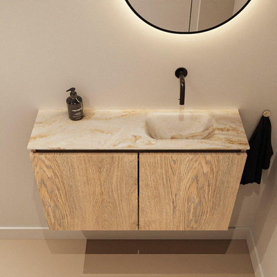 MONDIAZ TURE-DLUX Meuble toilette - 80cm - Washed Oak - EDEN - vasque Frappe - position droite - sans trou de robinet