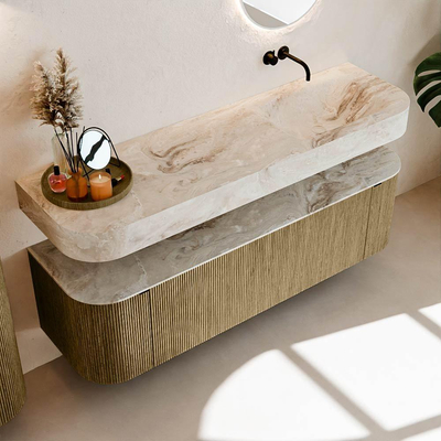 MONDIAZ THOR-DLUX 160cm meuble de salle de bains arrondi gauche + droite couleur Dusk avec 1 tiroir et 2 portes. Vasque suspendue CLOUD Droite sans trou de robinet couleur Frappe.