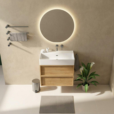 Saniclass Holz Frame Ensemble meuble de salle de bains - 80x45x72cm - Legend vasque en céramique blanche - 1 lavabo - sans trou de robinet - 2 tiroirs - chêne naturel mat (bois)
