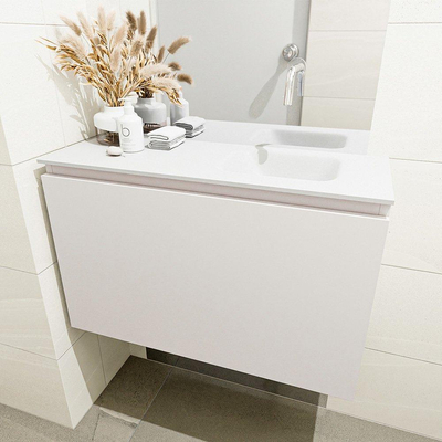 Mondiaz OLAN Meuble lave-mains 80x30x40cm sans trous de robinet 1 tiroir Linen mat avec lavabo LEX Droite Solid Surface Blanc