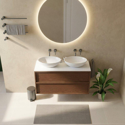 Saniclass Holz Frame Ensemble de meubles de salle de bains - 120x45x62.5cm - plan vasque Torino en solid surface blanc - sans trou de robinetterie - 2 tiroirs - walnut pure mat (bois)