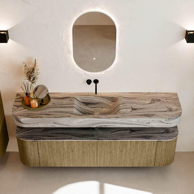 MONDIAZ THOR-DLUX 180cm meuble de salle de bains arrondi gauche + droite couleur Dusk avec 2 tiroirs et 2 portes. Vasque suspendue CLOUD Milieu sans trou de robinet couleur Sombra.