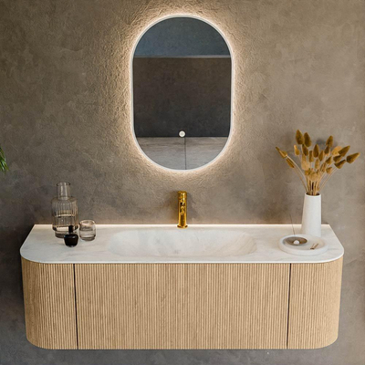 MONDIAZ KURVE-DLUX 140cm Meuble salle de bain avec module 25 G et D - couleur Oak - 1 tiroir - 2 portes - vasque BIG SMALL centre - 1 trou de robinet - couleur Opalo