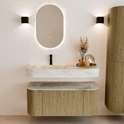 MONDIAZ THOR-DLUX Meuble de salle de bains 110cm arrondi gauche + droite couleur Dusk avec 1 tiroir et 2 portes. Vasque suspendue CLOUD Gauche 1 trou de robinet couleur Frappe.