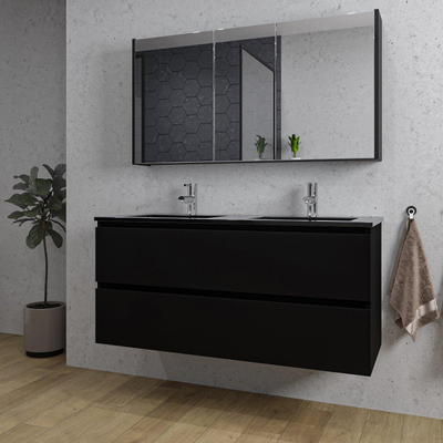 Saniclass Chaci Ensemble meuble de salle de bains - 120x46x55cm - lavabo céramique noir - 2 vasques - 2 trous de robinet - 2 tiroirs - armoire de toilette - noir mat