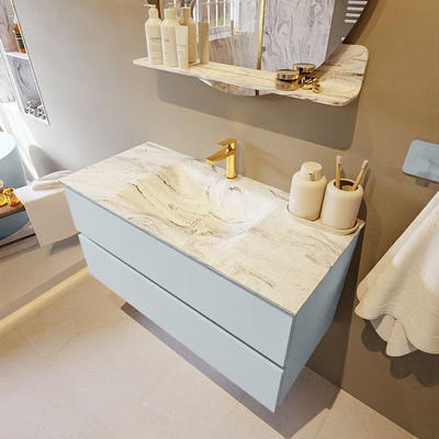 Mondiaz VICA-DLUX Ensemble de meuble de salle de bain - 100cm - meuble sous-vasque argile - 2 tiroirs - lavabo encastré nuage milieu - 1 trou de robinet - version haute 60cm - glace