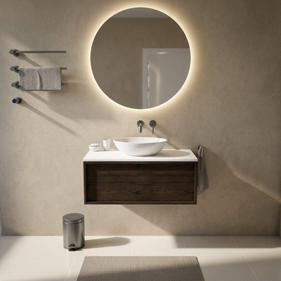 Saniclass Holz Frame Ensemble de meubles de salle de bains - 100x45x42.5cm - Plan Torino en Solid Surface blanc - sans trou de robinet - 1 tiroir - chêne charcoal mat (bois)
