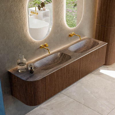 MONDIAZ KURVE-DLUX 175cm meuble de salle de bains arrondi Gauche couleur Walnut avec 2 tiroirs et 1 porte. Lavabo STOR SMALL Double / Droite sans trou de robinet Oza.