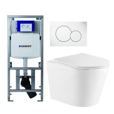 QeramiQ Dely Pack WC avec bâti-support Geberit plaque de commande blanche et WC suspendu avec abattant blanc brillant