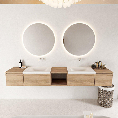 MONDIAZ BUKLA 240cm ensemble de meuble avec module ouvert 40 au milieu couleur Chêne blanchi avec 4 tiroirs. Lavabo CLOUD double 0 trou de robinet couleur Talc.