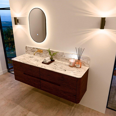 Mondiaz CIRO-DLUX Badkamermeubelset - 160x45x50cm - Solid surface wastafel Glace - 1 wasbak Links - zonder kraangaten - 4 lades - Ruby