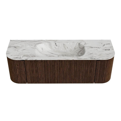 MONDIAZ KURVE-DLUX Meuble de salle de bains 140 cm avec module 25 Len R couleur Walnut avec 1 tiroir et 2 portes. Lavabo BIG SMALL central sans trou de robinet couleur Glace.