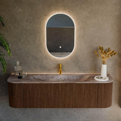 MONDIAZ KURVE-DLUX Meuble de salle de bains 160cm arrondi gauche + droite couleur Walnut avec 1 tiroir et 2 portes. Lavabo BIG MEDIUM central 1 trou de robinet Oza.