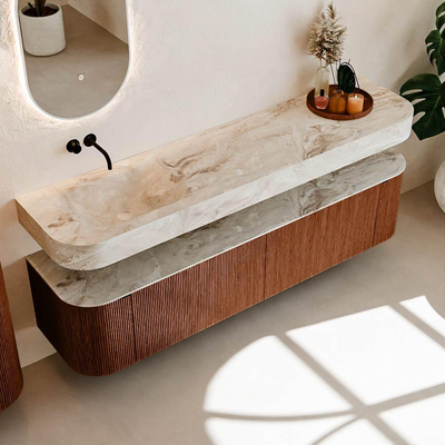 MONDIAZ THOR-DLUX Meuble de salle de bains - 190cm - arrondi gauche + droite - couleur Ruby - 2 tiroirs - 2 portes - Vasque suspendue CLOUD Gauche sans trou de robinet - couleur Frappe