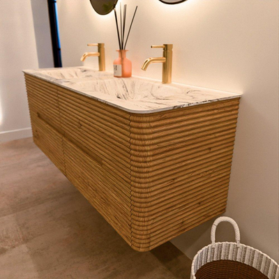 Mondiaz CIRO-DLUX Meuble de salle de bains - 140x45x50cm - Plan vasque solid surface Glace - 2 vasques double - 2 trous de robinetterie - 4 tiroirs - Chêne