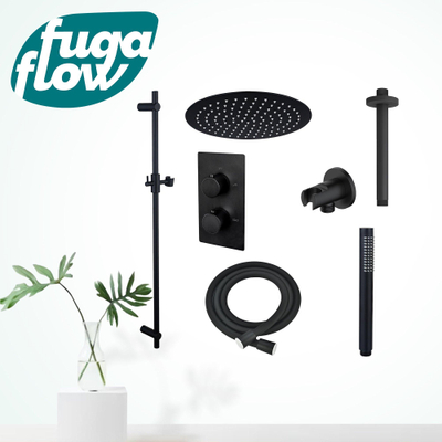 FugaFlow Eccelente Sobrado Badkamer Inbouw Regendoucheset - thermostatisch - plafondarm -glijstang - 25cm hoofddouche - staaf handdouche - zwart mat