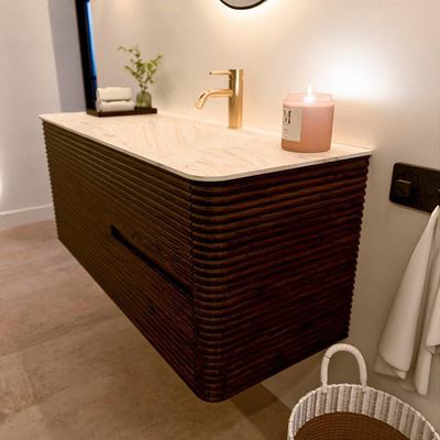 Mondiaz CIRO-DLUX Meuble de salle de bains - 120x45x50cm - Plan-vasque solid surface Ostra - 1 lavabo à droite - 1 trou de robinetterie - 2 tiroirs - Noyer